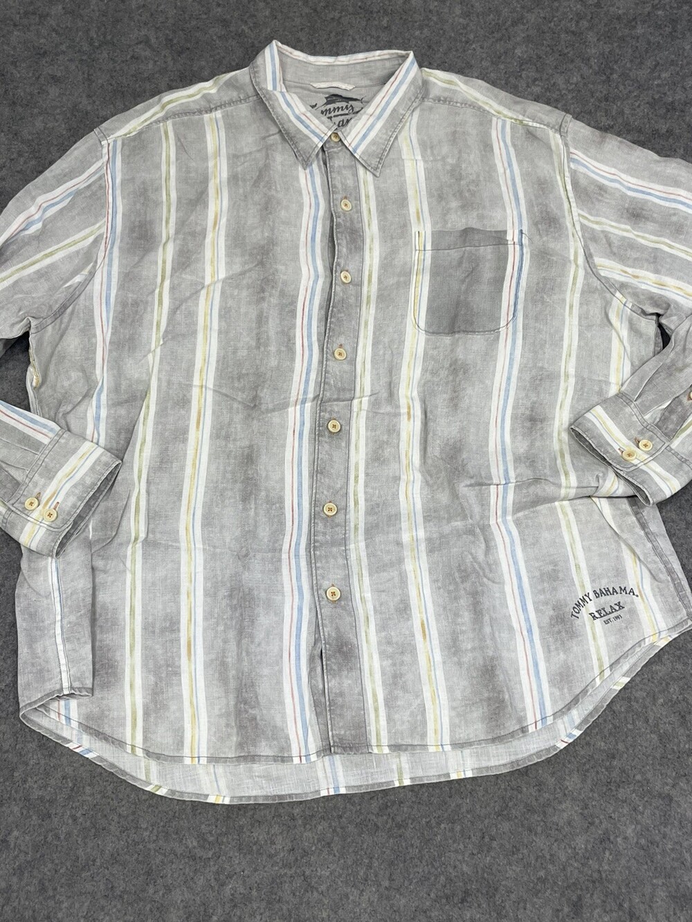 Tommy Bahama Shirt Mens XXL 2XL Gray Button Up Casual Linen Striped Relax